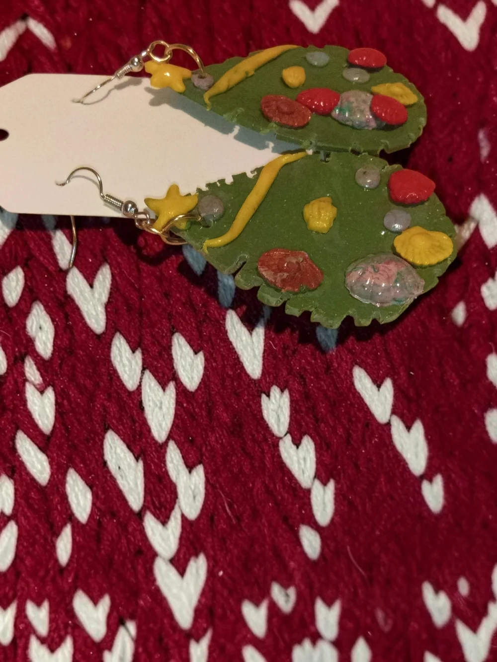 Handcrafted Green Christmas Tree Drop Earrings with Yellow Star